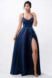 LA Scala Open Side & Back Stretch Satin Evening Gown with Zig Zag Tie 25895