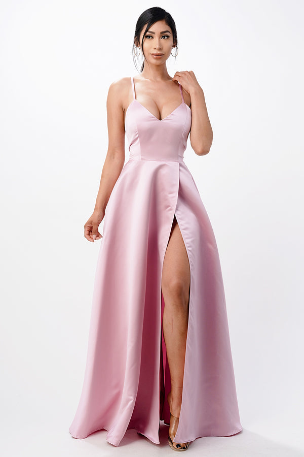LA Scala Open Side & Back Stretch Satin Evening Gown with Zig Zag Tie 25895