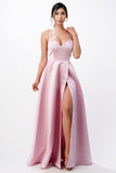 LA Scala Open Side & Back Stretch Satin Evening Gown with Zig Zag Tie 25895