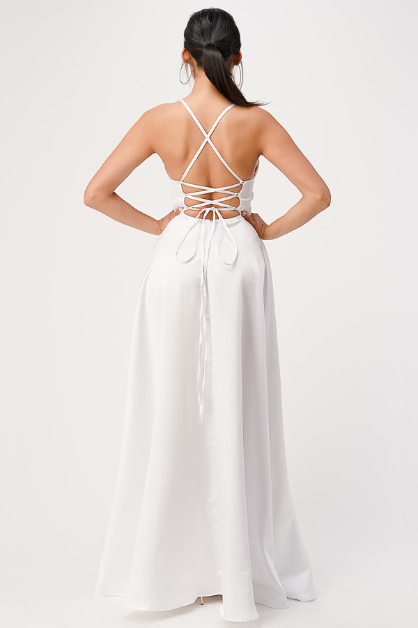 LA Scala Open Side & Back Stretch Satin Evening Gown with Zig Zag Tie 25895