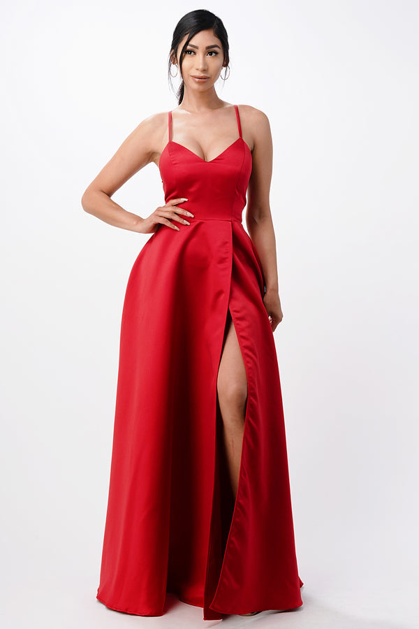 LA Scala Open Side & Back Stretch Satin Evening Gown with Zig Zag Tie 25895