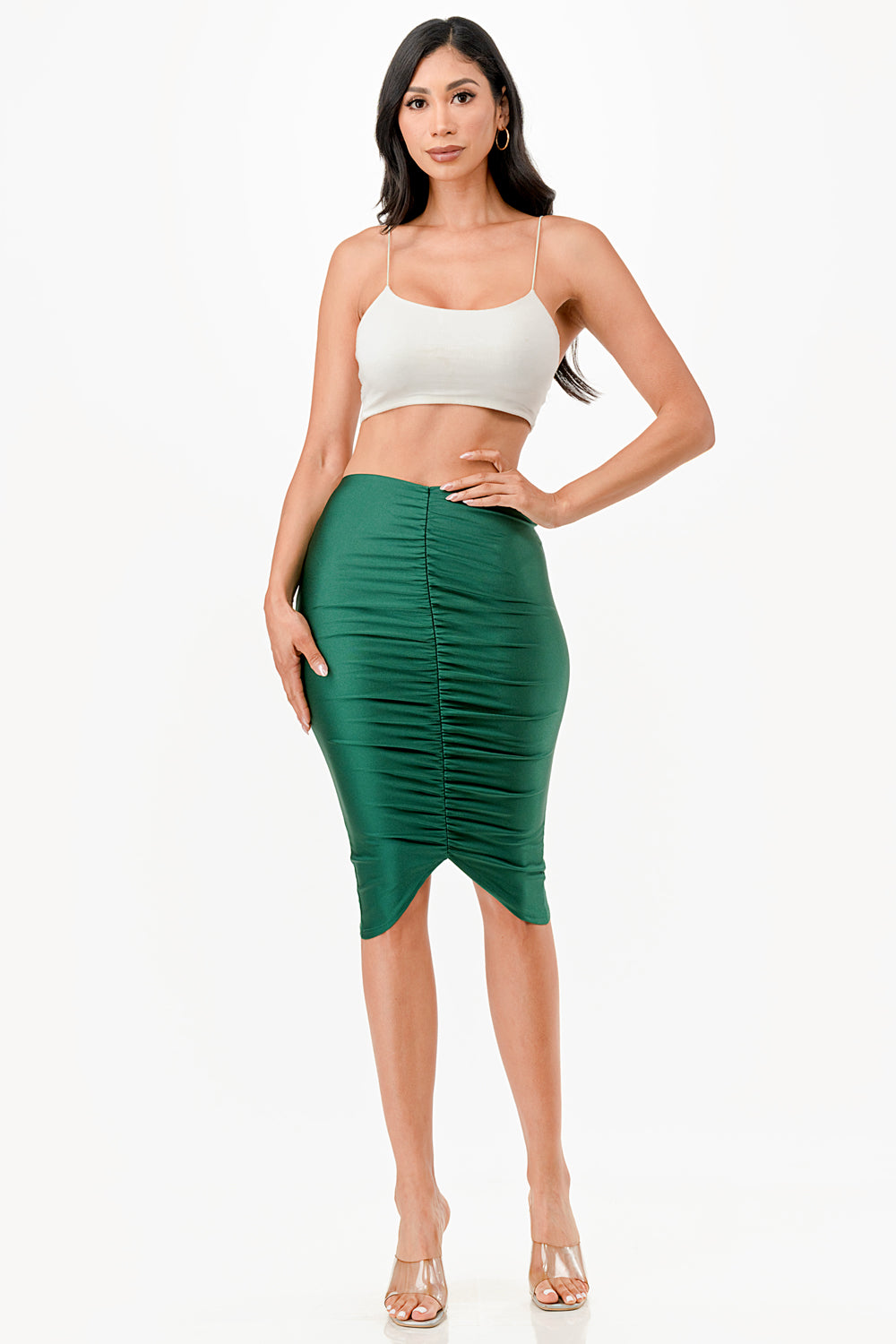 LA Scala Center Ruched Shiny Tricot Knee-Length Pencil Skirt 26033
