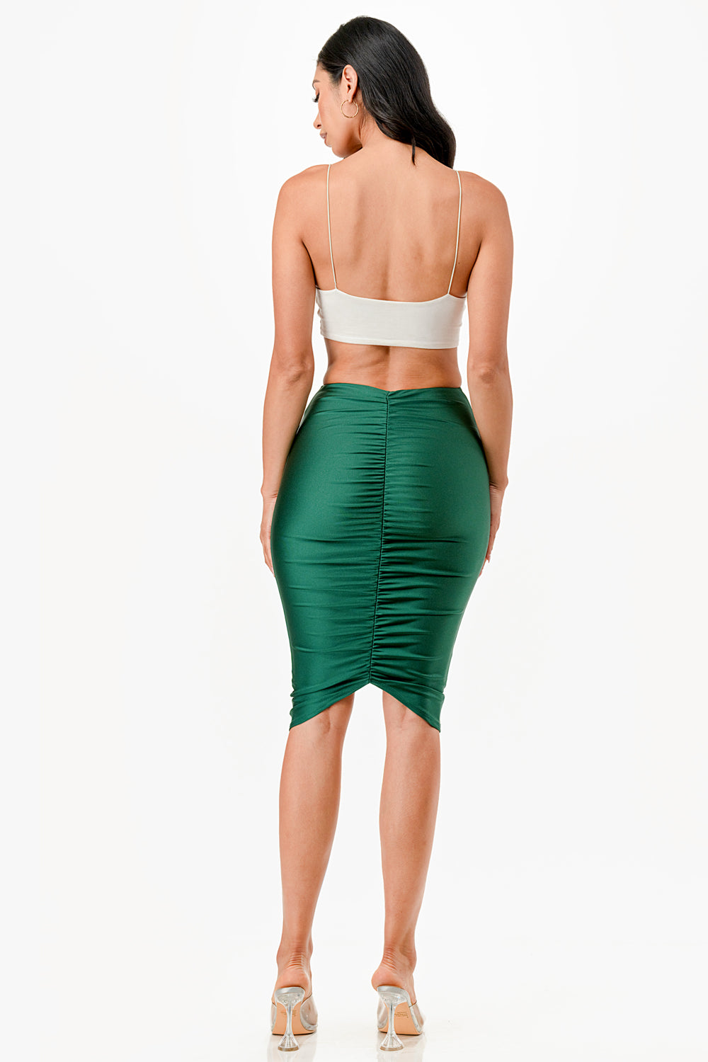 LA Scala Center Ruched Shiny Tricot Knee-Length Pencil Skirt 26033