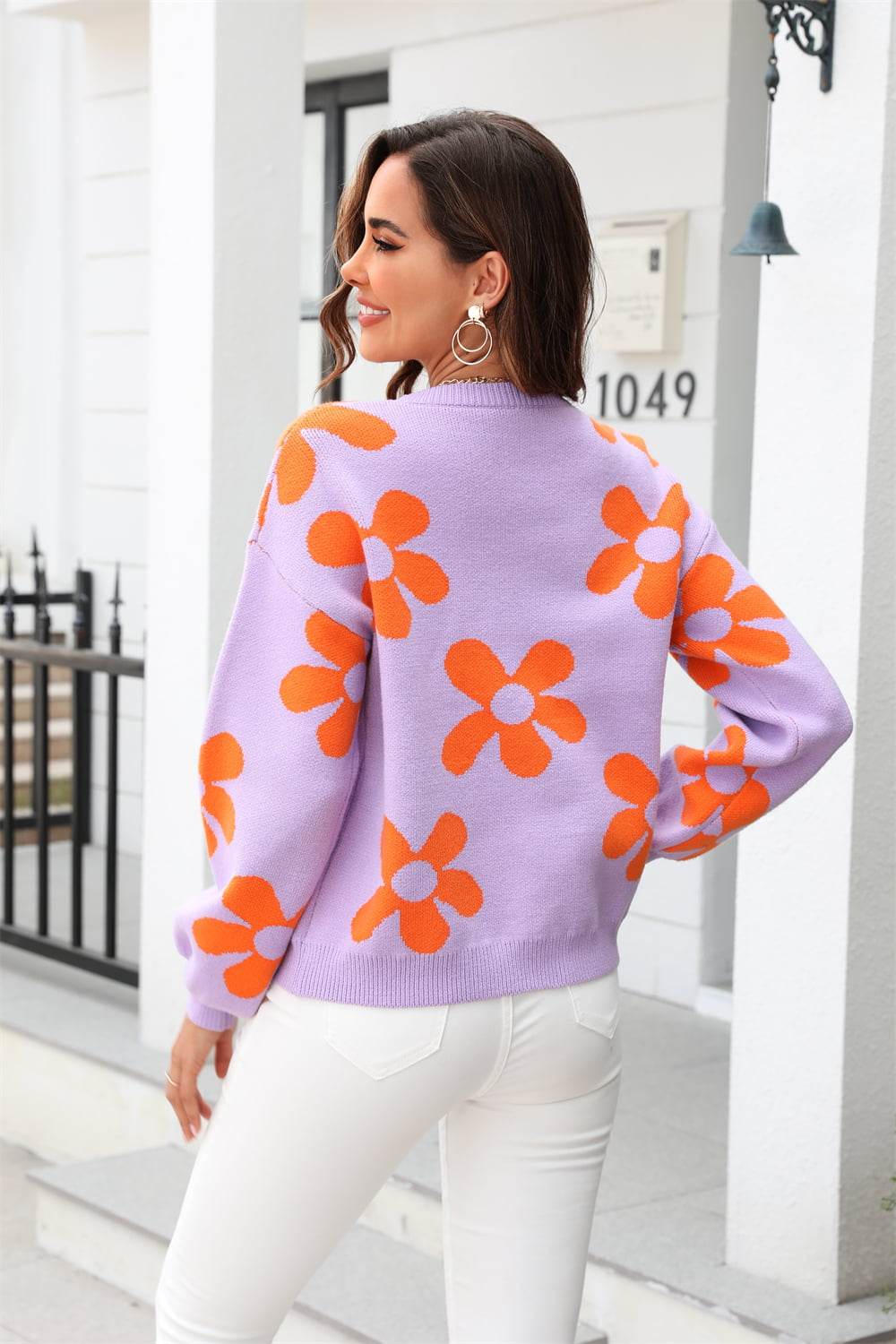 Angel Wings Floral Print Round Neck Dropped Shoulder Pullover Sweater - Rosa Apparel