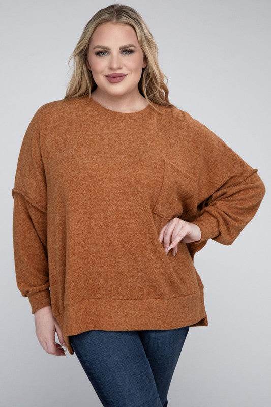 Zenana Plus Brushed Melange Drop Shoulder Sweater - Rosa Apparel