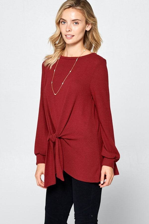 Super Lady Full Size Round Neck Knot Front Hacci Blouse - Rosa Apparel