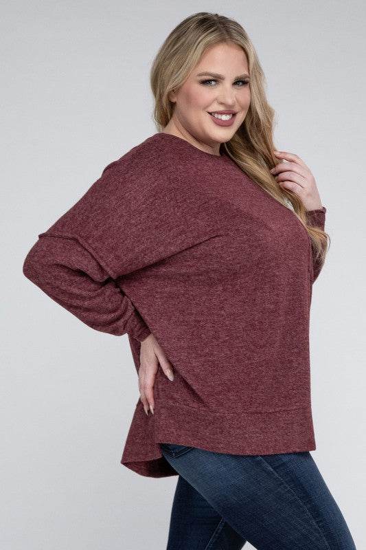 Zenana Plus Brushed Melange Drop Shoulder Sweater - Rosa Apparel