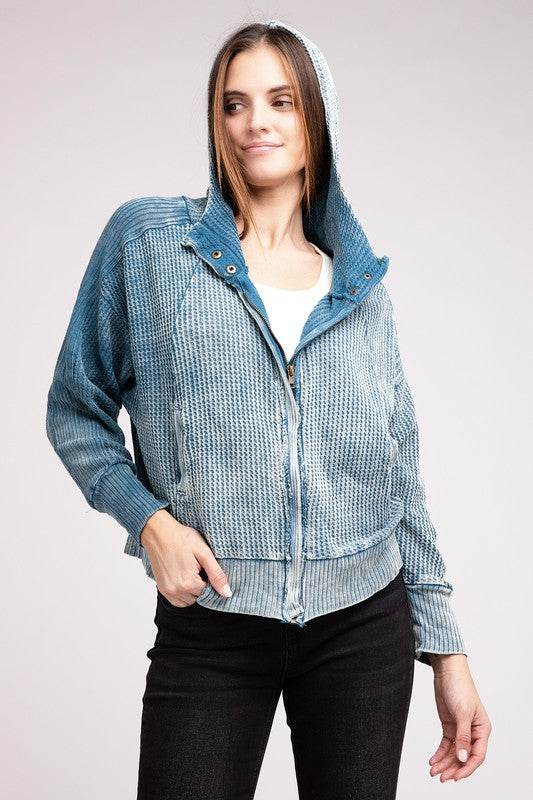 Zenana Acid Wash Cotton Waffle Hooded Zip-Up Jacket - Rosa Apparel