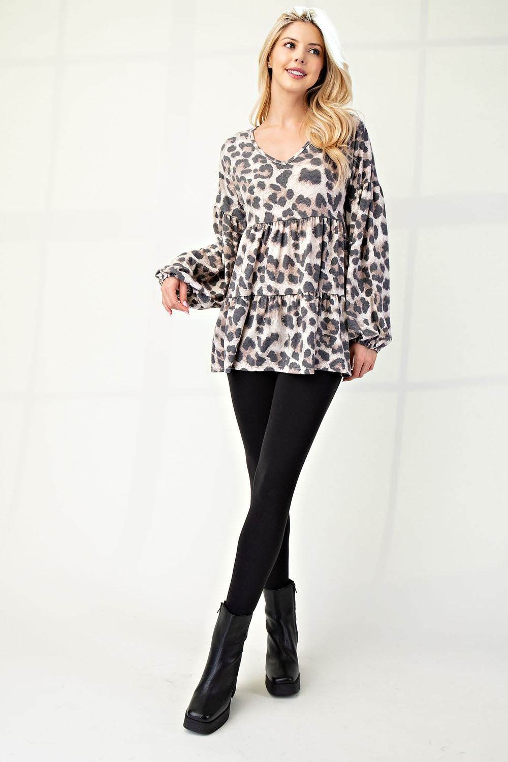 Celeste Full Size Leopard V-Neck Balloon Sleeve Blouse - Rosa Apparel
