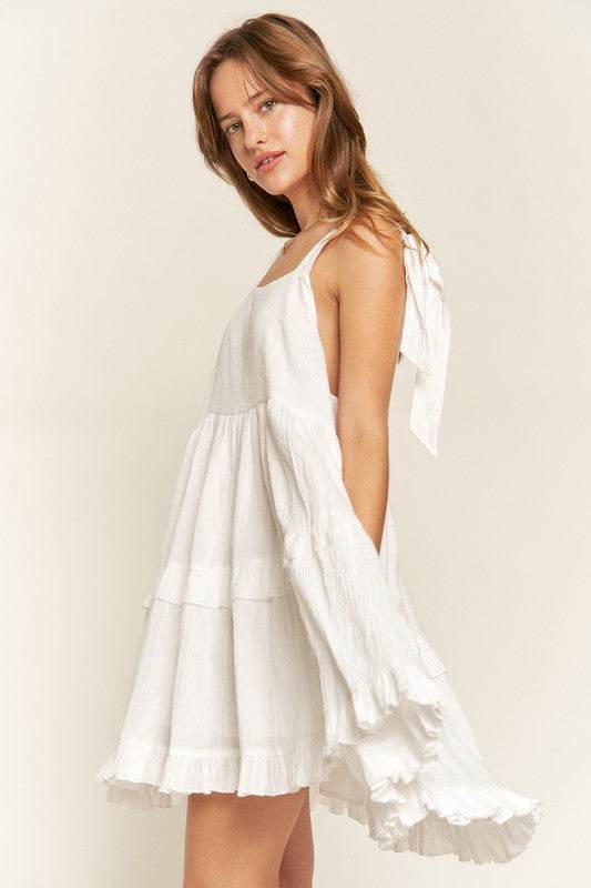 Jade By Jane Loose Square Neck Ruffle Hem Tie Straps Mini Dress - Rosa Apparel