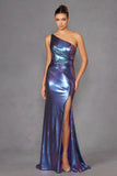 Juliet Stunning Iridescent Metallic One-Shoulder Slit Evening Gown JT2910H - Rosa Apparel