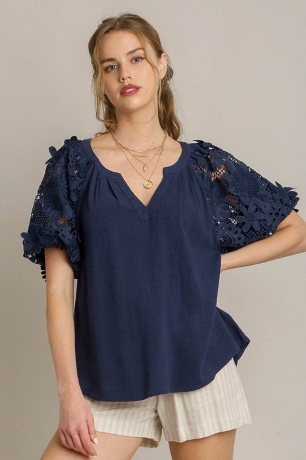 Umgee Full Size French Terry Boxy Cut Top with 3D Floral Sleeve Plus Size - Rosa Apparel