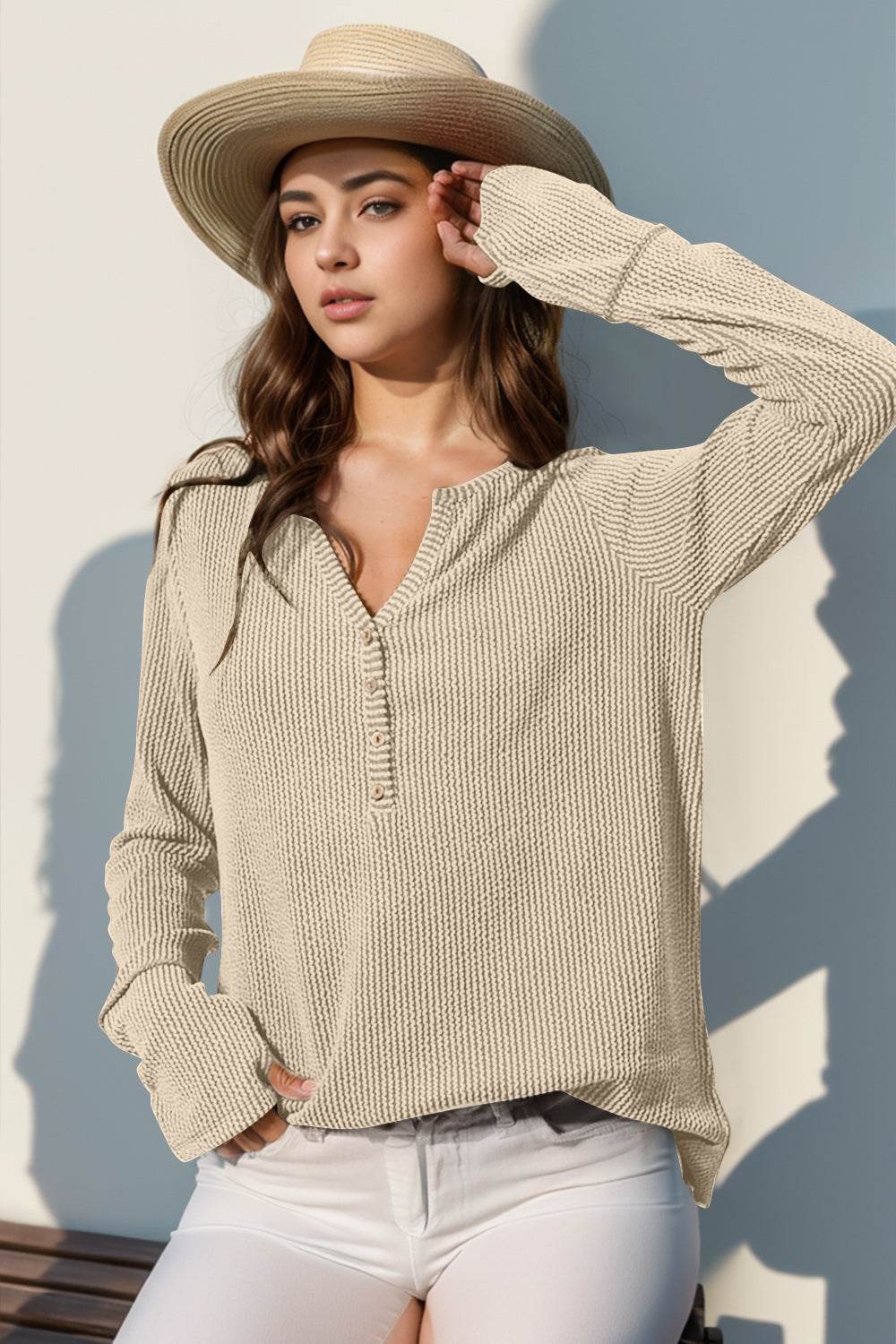 Double Take Full Size Notched Thumbhole Long Sleeve T-Shirt - Rosa Apparel