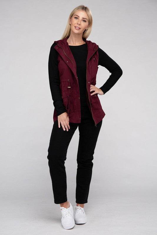 Zenana Drawstring Waist Sleeveless Military Hoodie Vest - Rosa Apparel