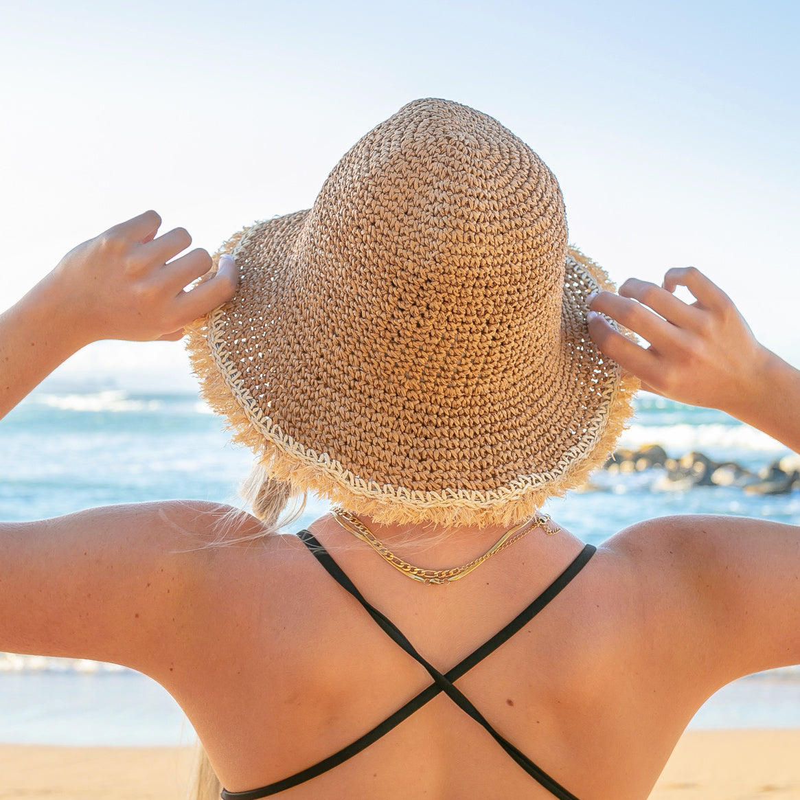 Aili’s Corner Fray Edge Straw Bucket Hat Wide Brim Summer Hat