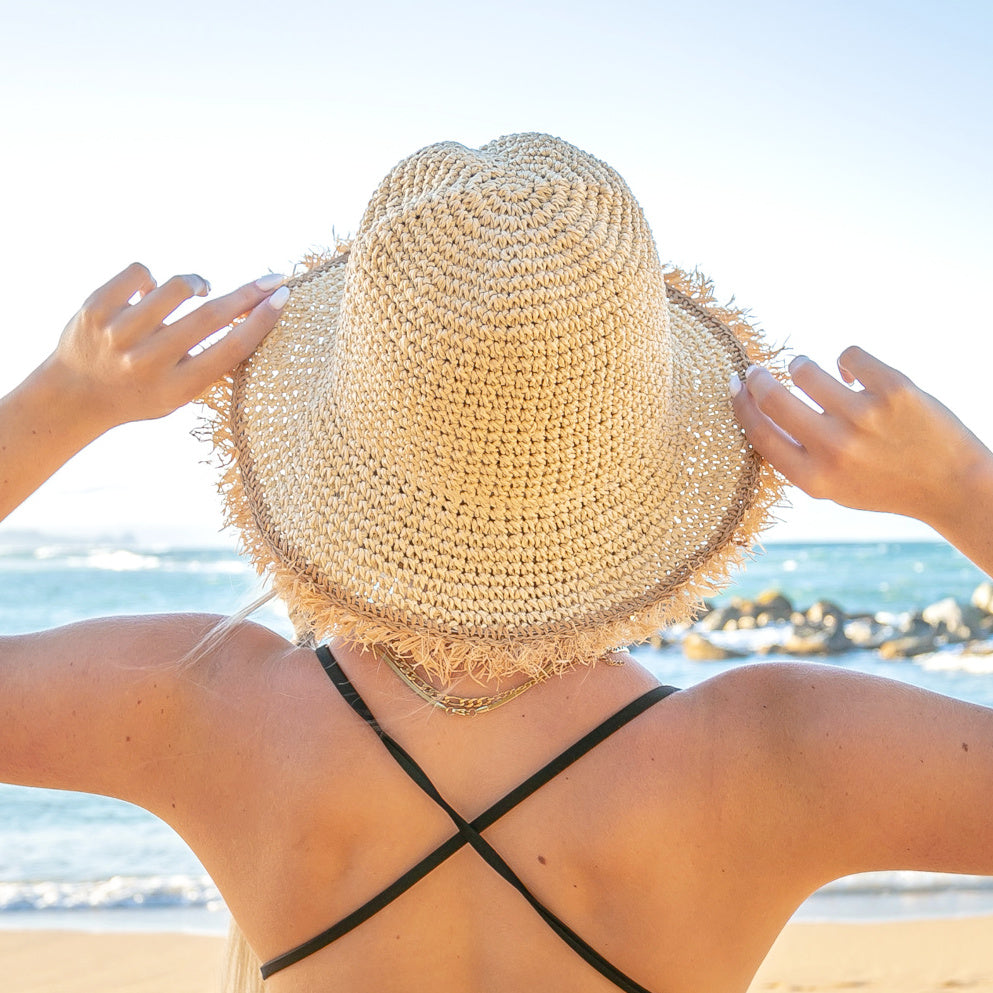 Aili’s Corner Fray Edge Straw Bucket Hat Wide Brim Summer Hat