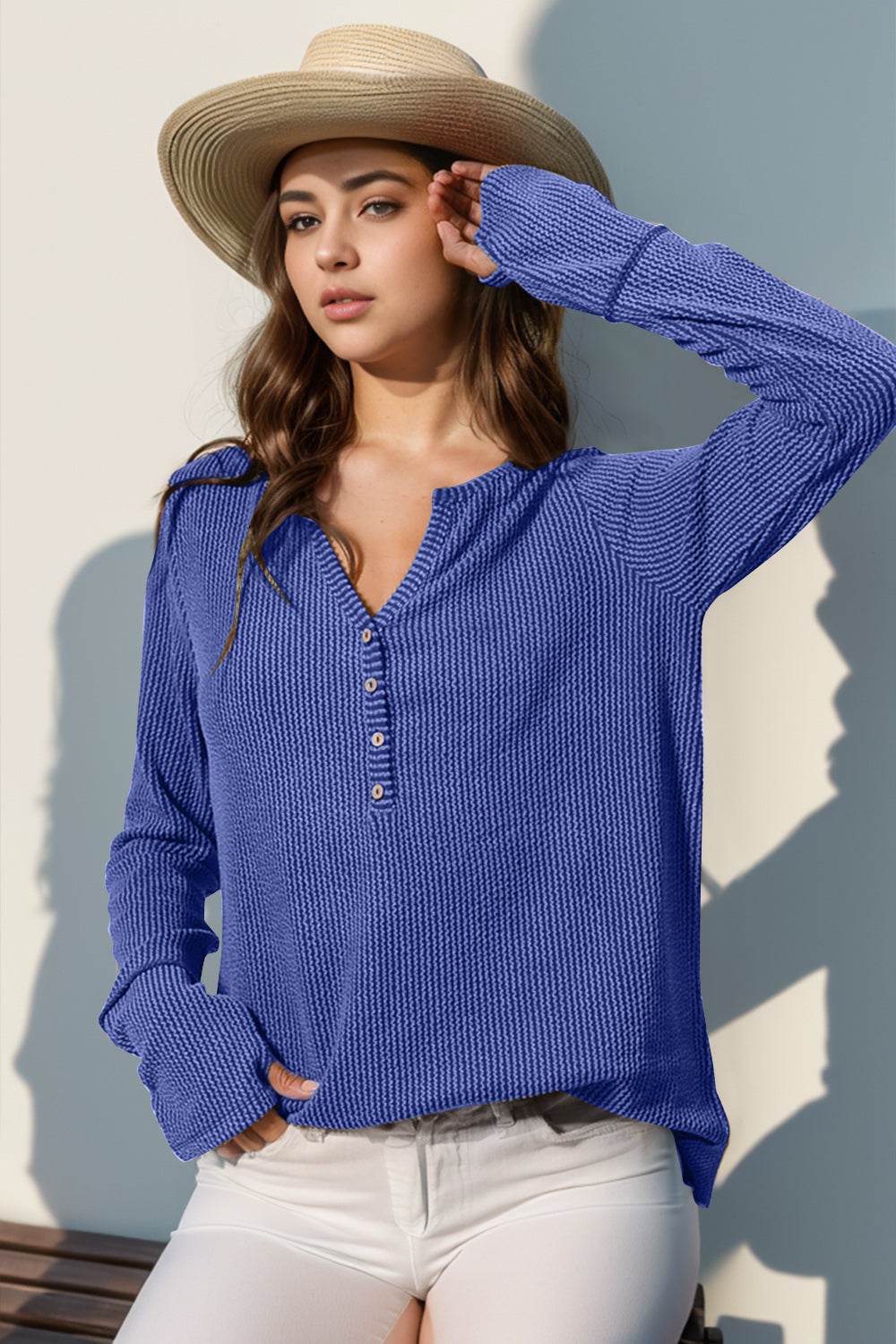 Double Take Full Size Notched Thumbhole Long Sleeve T-Shirt - Rosa Apparel