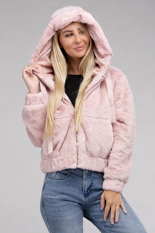 Ambiance Fluffy Zip-Up Teddy Sweater Hoodie - Rosa Apparel