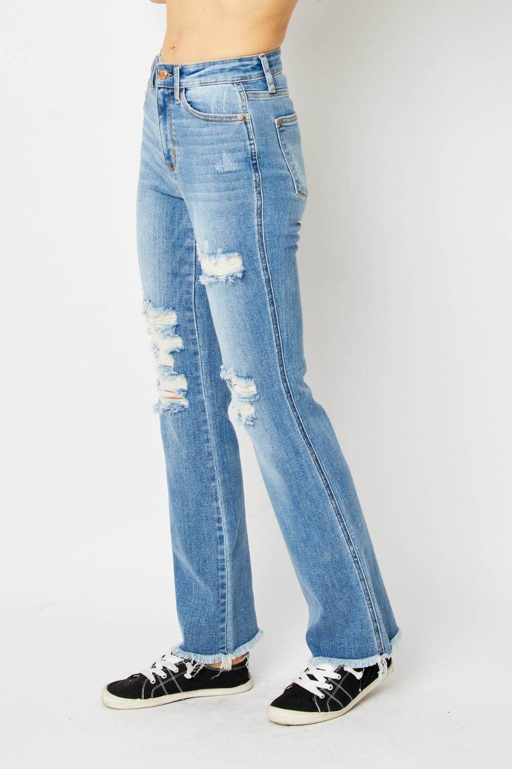 Judy Blue Full Size Distressed Casual Denim Raw Hem Bootcut Jeans Style #: 82542 - Rosa Apparel