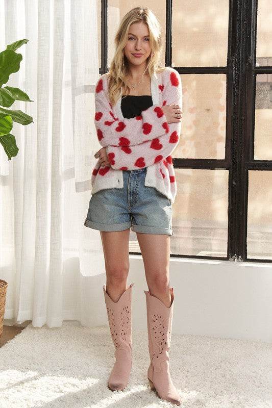 ADORA Fuzzy Heart Button Down Cardigan - Rosa Apparel