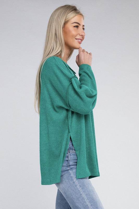 Zenana Ribbed Brushed Melange Hacci Henley Sweater - Rosa Apparel