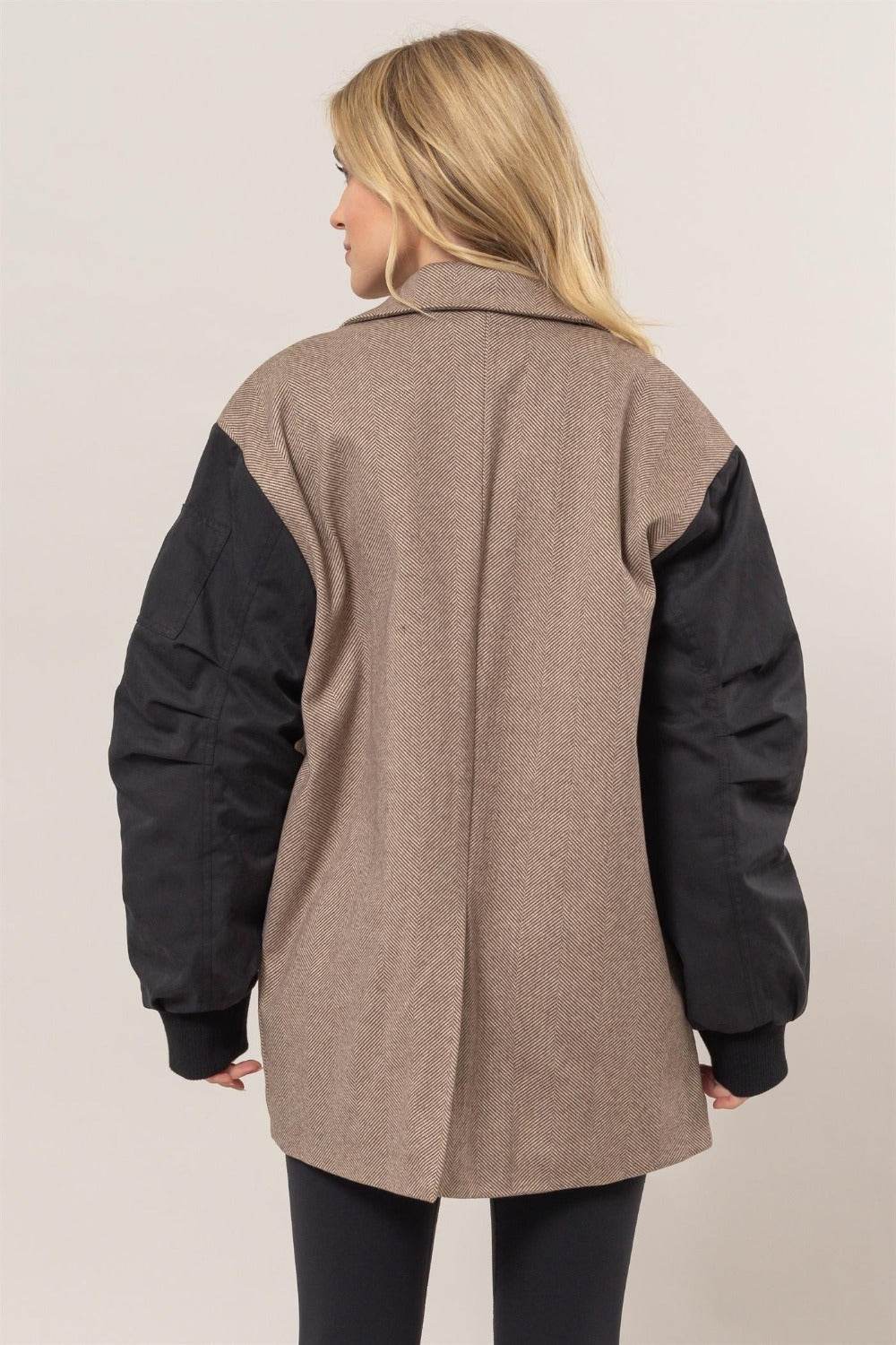 HYFVE Herringbone Mixed Media Contrast Long Sleeve Blazer - Rosa Apparel