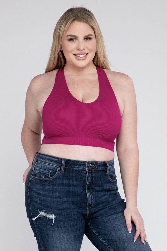 Zenana Plus Ribbed Cropped Racerback V-Neck Tank Top - Rosa Apparel