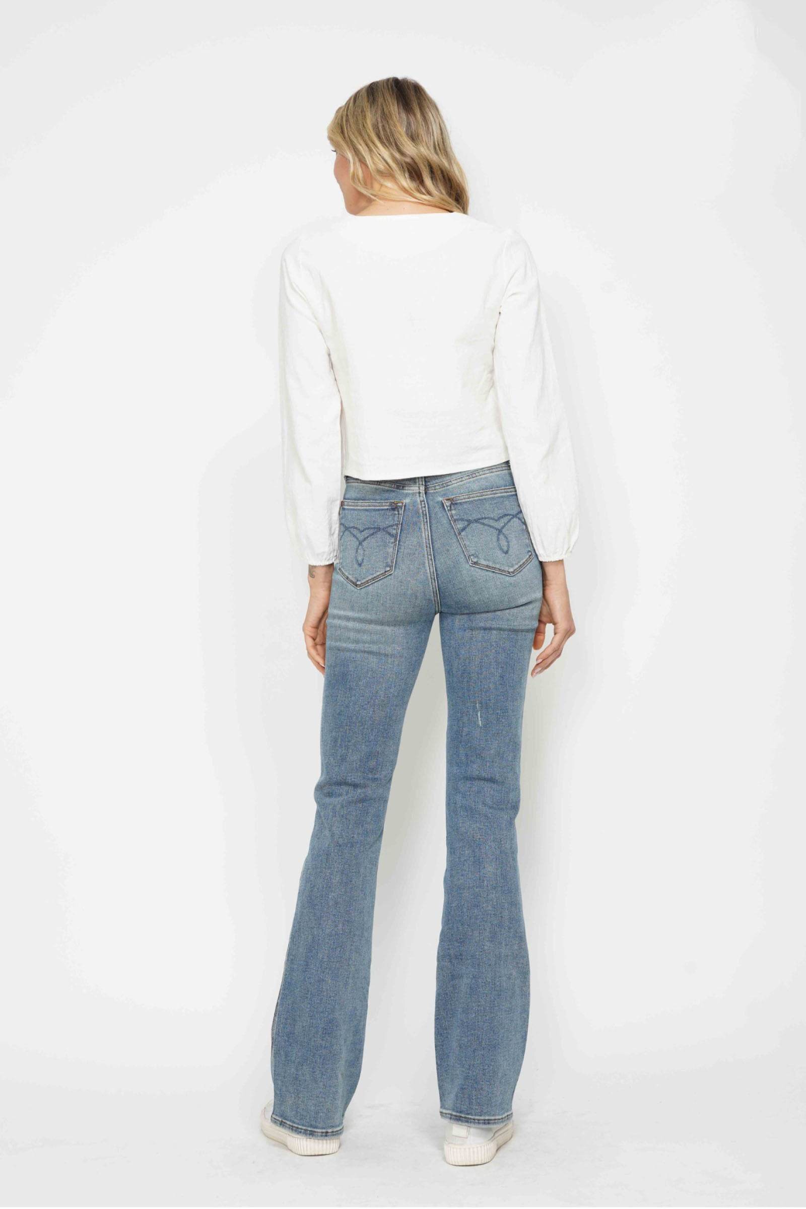Judy Blue Full Size Tummy Control Back Embroidered Pocketed Bootcut Jeans Plus Size - Rosa Apparel