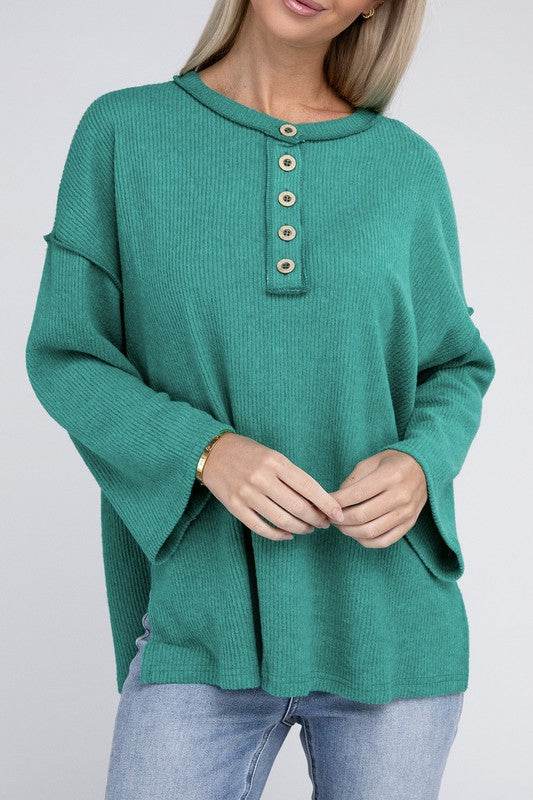 Zenana Ribbed Brushed Melange Hacci Henley Sweater - Rosa Apparel