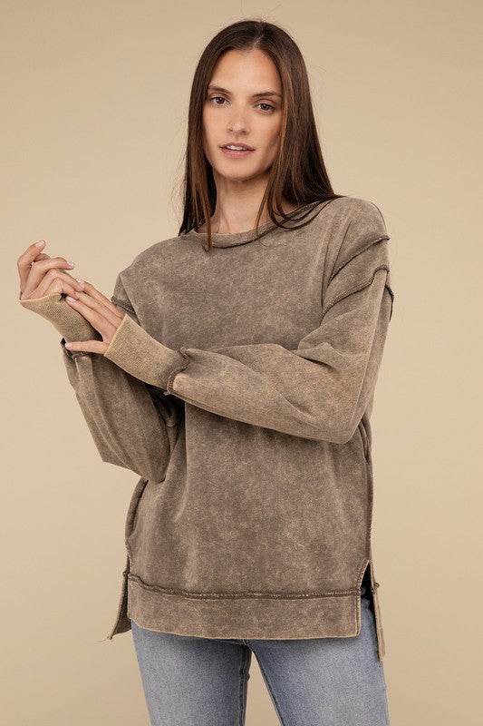 Zenana Acid Wash French Terry Exposed-Seam Sweatshirt - Rosa Apparel