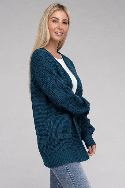 Zenana Low Gauge Waffle Open Cardigan Sweater - Rosa Apparel