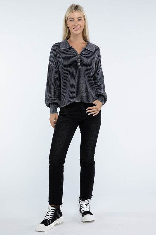 Zenana Washed Collared Henley Hip Length Sweater - Rosa Apparel