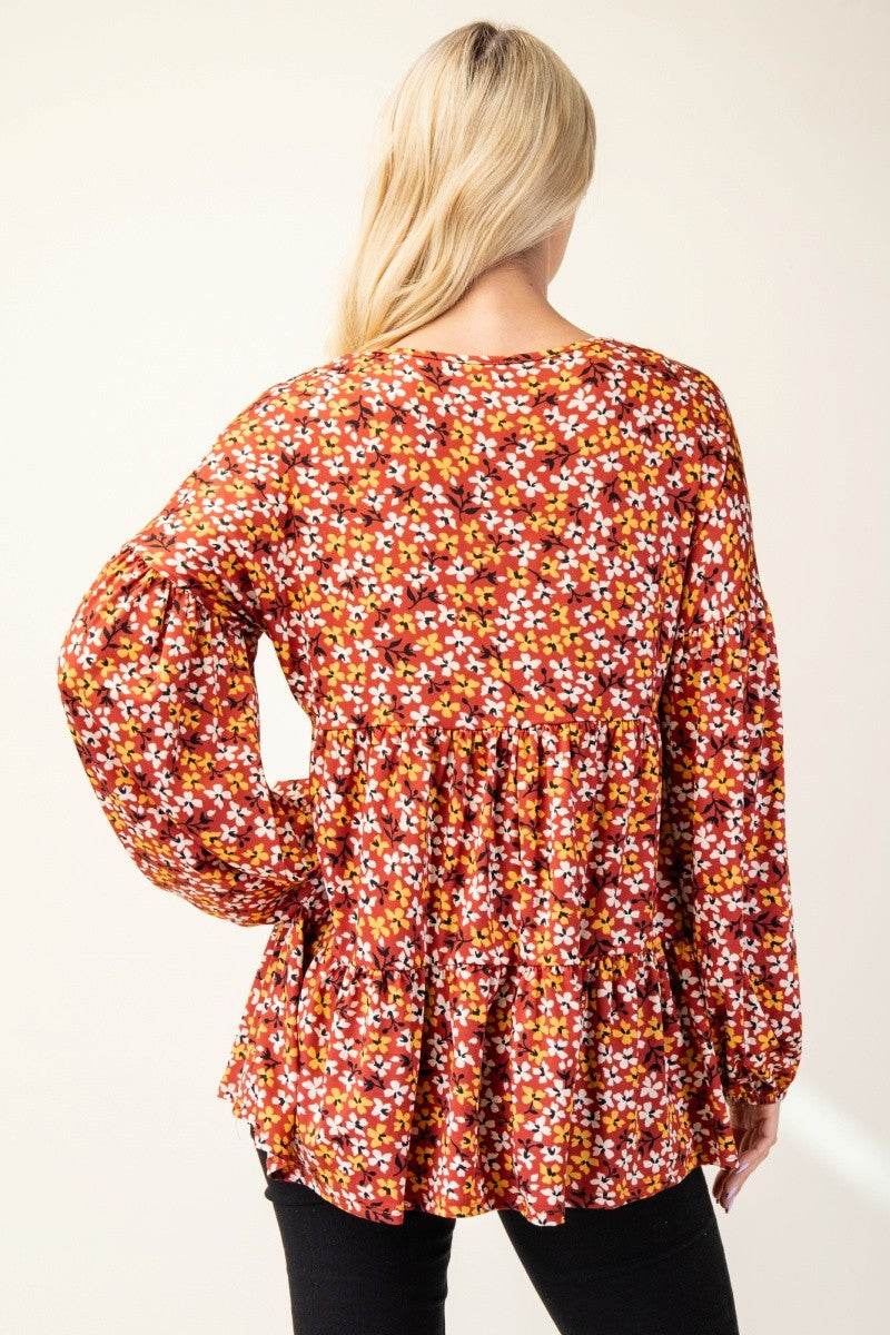 Celeste Full Size Floral V-Neck Balloon Sleeve Blouse - Rosa Apparel