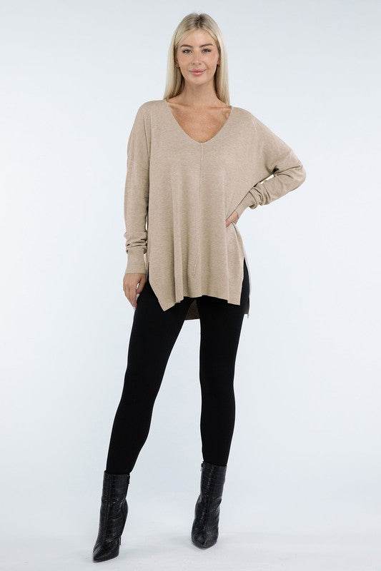 Zenana Hi-Low Hem Front Seam V-Neck Sweater - Rosa Apparel