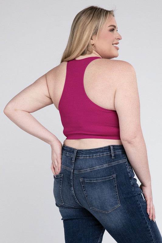 Zenana Plus Ribbed Cropped Racerback V-Neck Tank Top - Rosa Apparel