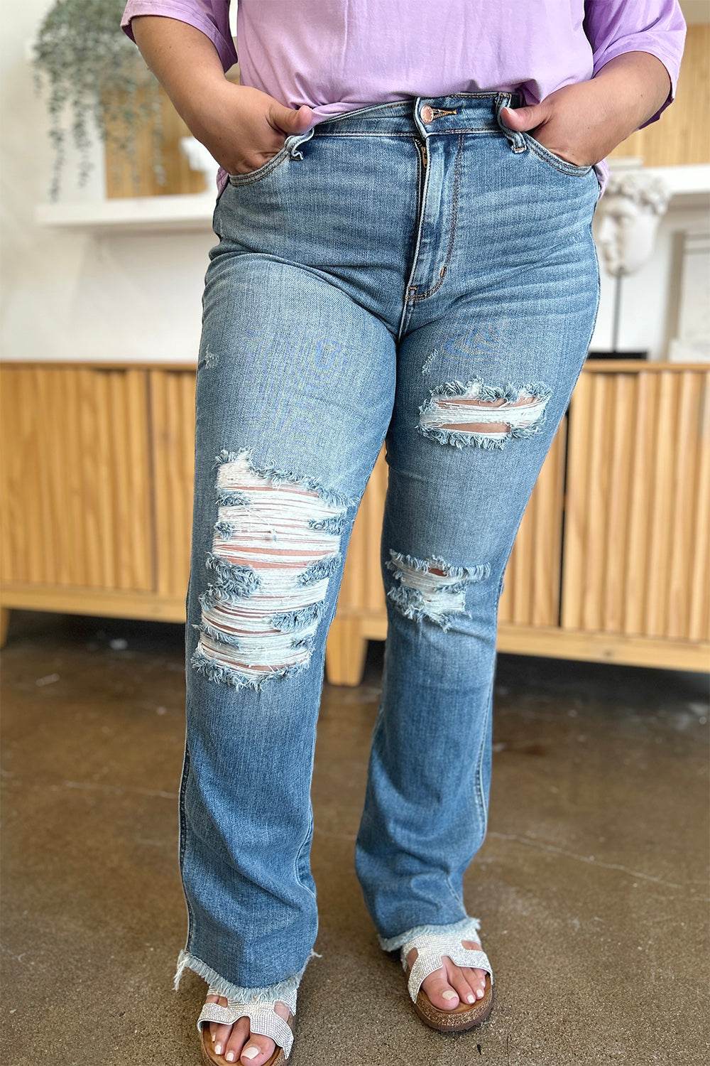 Judy Blue Full Size Distressed Casual Denim Raw Hem Bootcut Jeans Style #: 82542 - Rosa Apparel