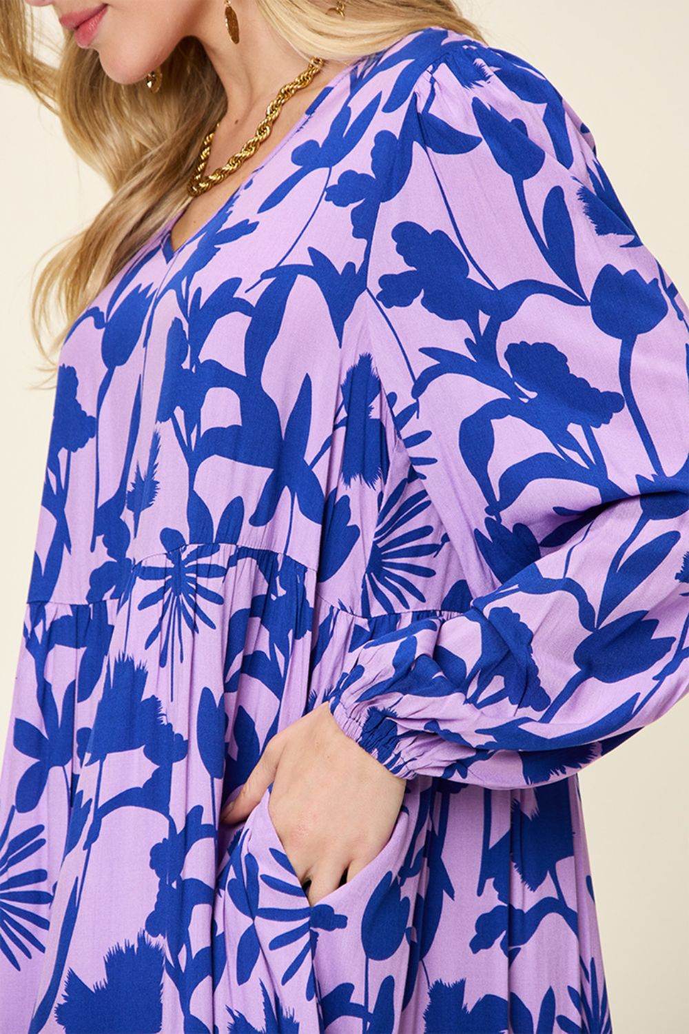 Double Take Full Size Printed Ruffle Hem Long Sleeve Midi Dress - Rosa Apparel