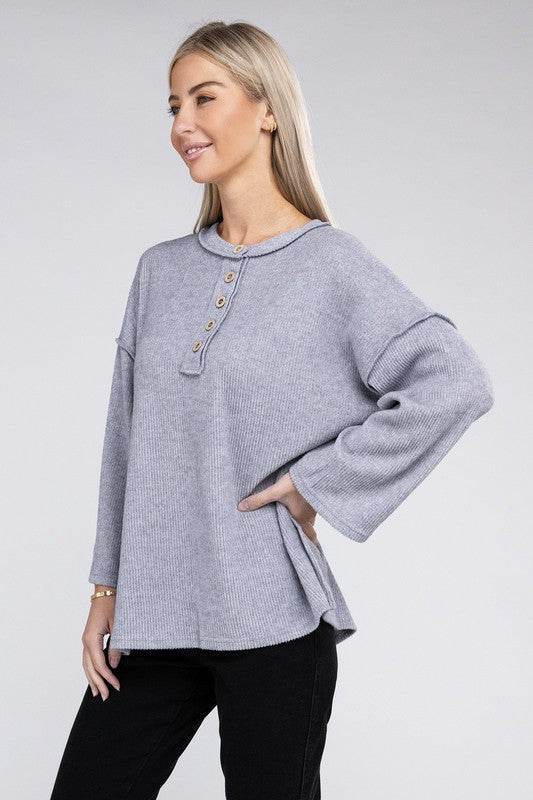 Zenana Ribbed Brushed Melange Hacci Henley Sweater - Rosa Apparel