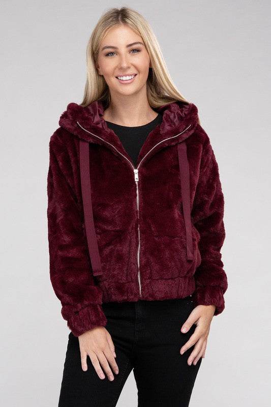 Ambiance Fluffy Zip-Up Teddy Sweater Hoodie - Rosa Apparel