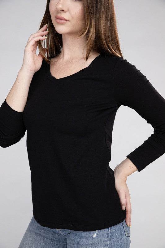 Zenana Cotton V-Neck Long Sleeve T-Shirt - Rosa Apparel