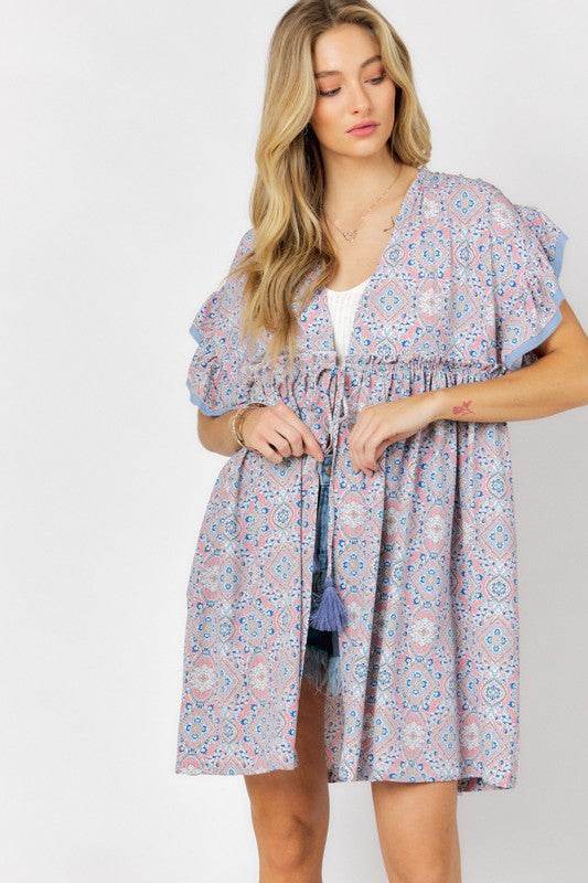 Davi & Dani Printed Short Sleeve Ruffle Kimono - Rosa Apparel