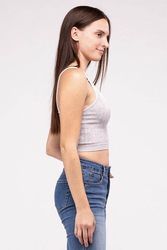 Zenana Casual Washed Ribbed Cropped V-Neck Sleevless Tank Top - Rosa Apparel