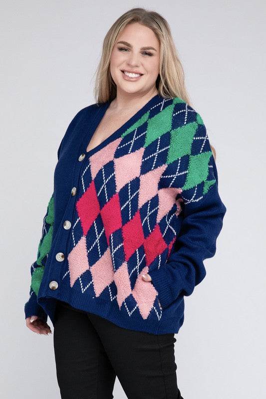 Davi & Dani Plus V-Neck Button Front Long Sleeves Cardigan - Rosa Apparel