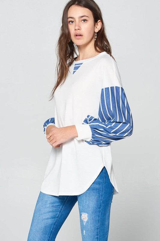 Super Lady Full Size French Terry Striped Long Sleeve Top - Rosa Apparel