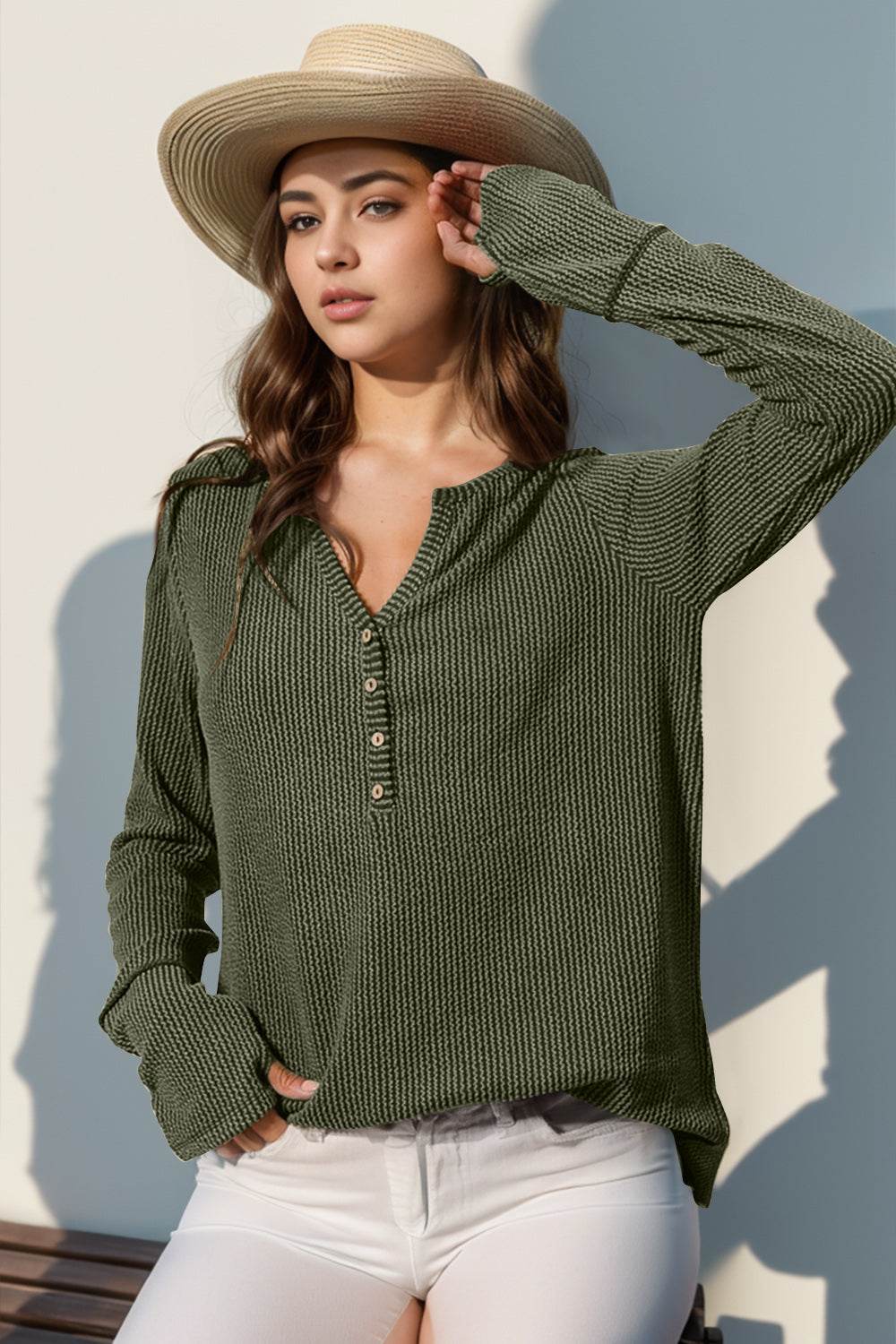 Double Take Full Size Notched Thumbhole Long Sleeve T-Shirt - Rosa Apparel