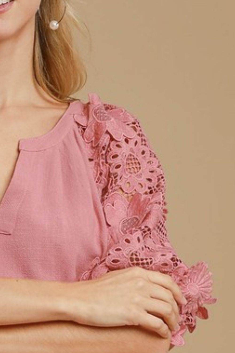 Umgee Full Size French Terry Boxy Cut Top with 3D Floral Sleeve Plus Size - Rosa Apparel