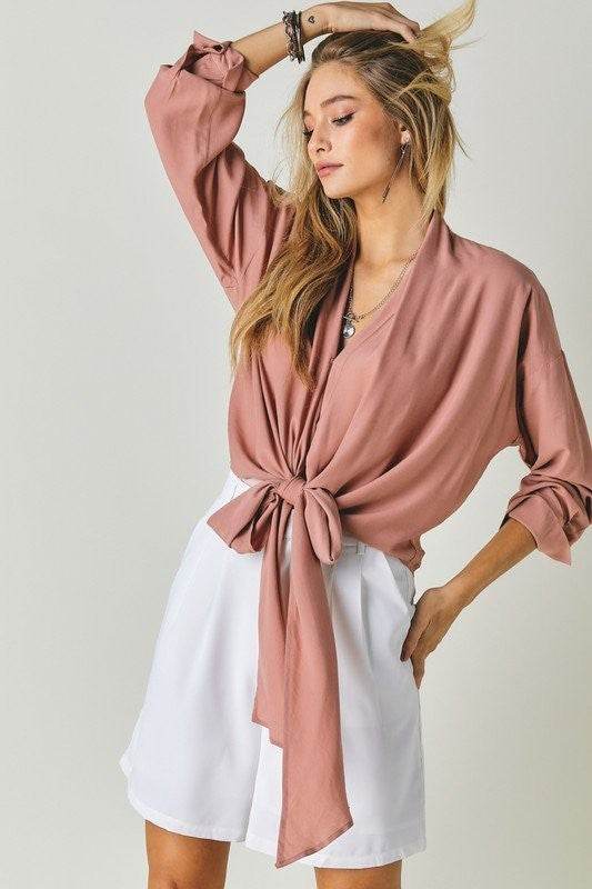 J.NNA Chic Solid V-Neck Long 3/4 Sleeve Tie Front Cropped Top - Rosa Apparel