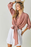 J.NNA Chic Solid V-Neck Long 3/4 Sleeve Tie Front Cropped Top - Rosa Apparel
