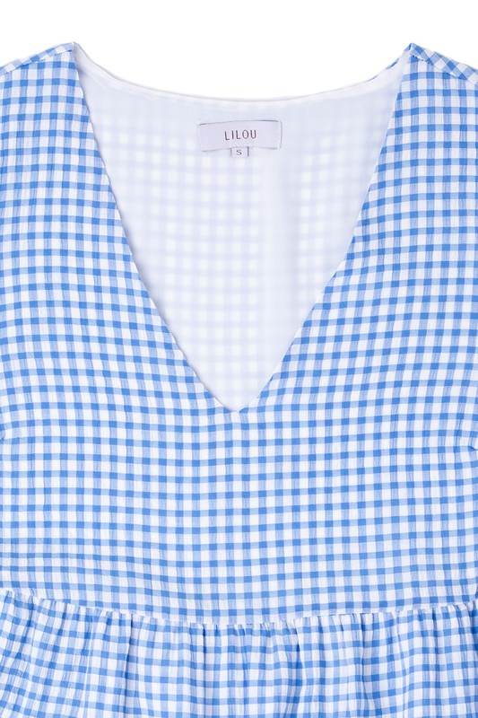 Lilou Gingham Checked Tiered Puff 3/4 Sleeves V-Neck Mini Dress - Rosa Apparel