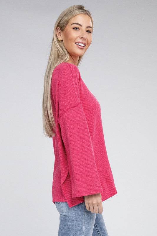 Zenana Ribbed Brushed Melange Hacci Henley Sweater - Rosa Apparel